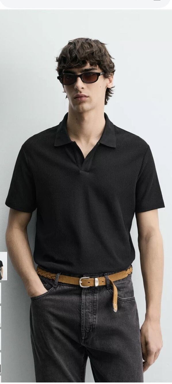 Zara Mens Cotton Solid Collared Short Sleeve Polo Shirt Black Size L